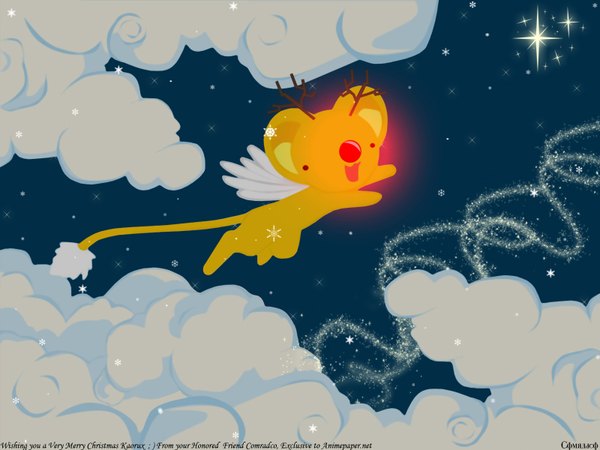 Anime picture 1600x1200 with card captor sakura clamp kero (cardcaptor sakura) cloud (clouds) horn (horns) christmas flying no people merry christmas wings star (stars) snowflake (snowflakes)