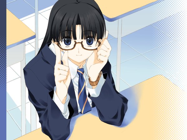 Anime picture 1600x1200 with colorful dot nakamura takeshi single long hair looking at viewer fringe blue eyes black hair smile sitting from above classroom girl uniform school uniform glasses school