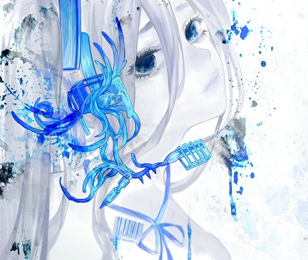 Anime picture 950x800 with vocaloid hatsune miku tcb (pixiv) single long hair fringe blue eyes twintails looking away lips monochrome partially colored girl microphone