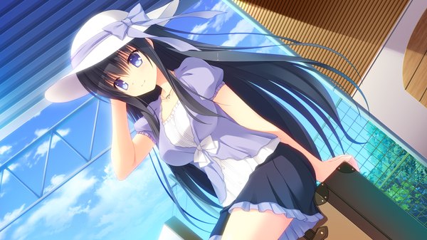 Anime picture 1280x720 with sora tobu hitsuji to manatsu no hana fujigasaki mea takano yuki (allegro mistic) single long hair blue eyes black hair wide image game cg sky cloud (clouds) girl dress hat suitcase