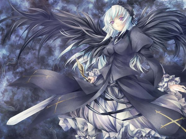 Anime picture 1600x1200 with rozen maiden suigintou highres purple eyes white hair wallpaper gothic sword wings