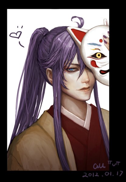 Anime picture 1134x1637 with vocaloid kamui gakupo auau single long hair tall image looking at viewer blue eyes purple hair ahoge ponytail nail polish traditional clothes japanese clothes inscription framed boy heart kimono mask