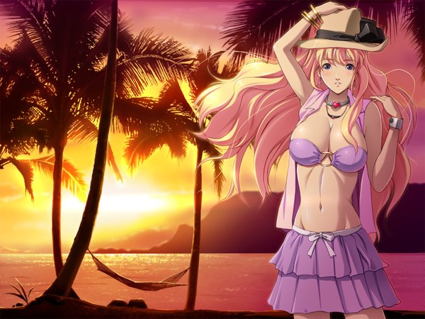 Anime picture 1440x1080 with macross macross frontier sheryl nome dragon@harry long hair breasts light erotic large breasts pink hair beach evening sunset girl skirt swimsuit plant (plants) hat miniskirt tree (trees) palm tree