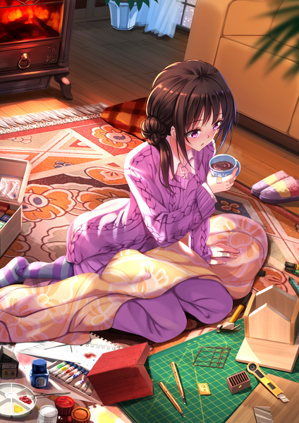 Anime picture 1102x1560 with noragami studio bones iki hiyori swordsouls single long hair tall image blush fringe purple eyes holding looking away indoors parted lips fingernails from above arm support hair bun (hair buns) alternate costume no shoes