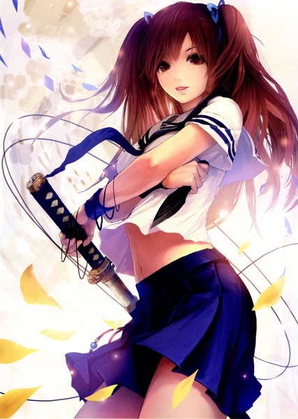 Anime picture 3380x4751 with shingeki no bahamut tachikawa mushimaro (bimo) single long hair tall image looking at viewer highres brown hair brown eyes absurdres scan girl skirt uniform ribbon (ribbons) weapon hair ribbon shirt petals sword