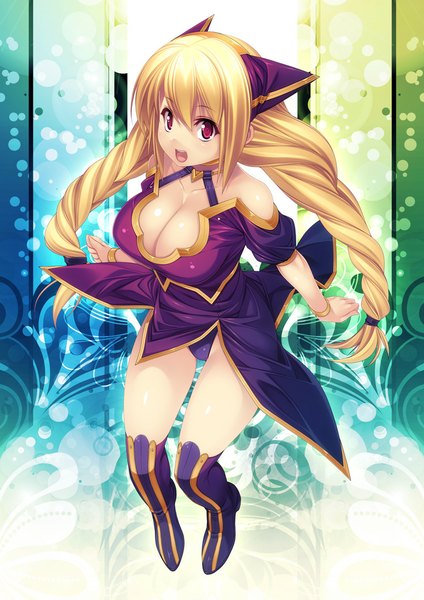 Anime picture 723x1023 with original kinoshita ichi long hair tall image breasts open mouth light erotic blonde hair red eyes large breasts cleavage braid (braids) girl thighhighs dress