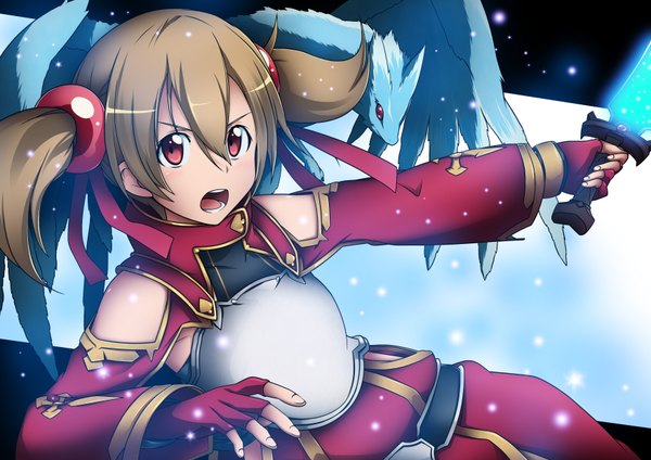 Anime picture 3508x2480 with sword art online a-1 pictures silica pina (sao) notsuru single highres short hair open mouth red eyes brown hair twintails absurdres girl weapon sword fingerless gloves dragon