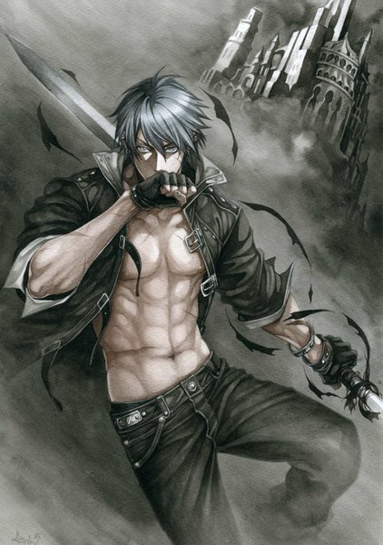Anime picture 1257x1786 with original levin (artist) single tall image looking at viewer fringe short hair hair between eyes holding grey hair bare belly scar muscle covered mouth multicolored eyes twisty sleeves traditional media watercolor (medium) boy gloves