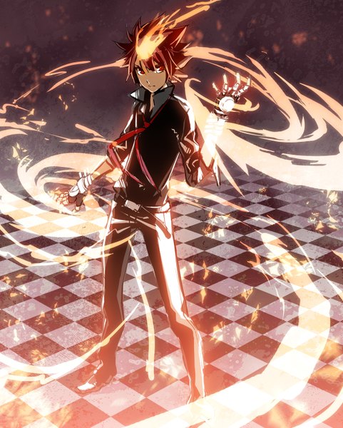 Anime picture 1124x1400 with katekyou hitman reborn sawada tsunayoshi single tall image short hair red eyes brown hair magic checkered floor boy gloves shirt choker necktie pants fire