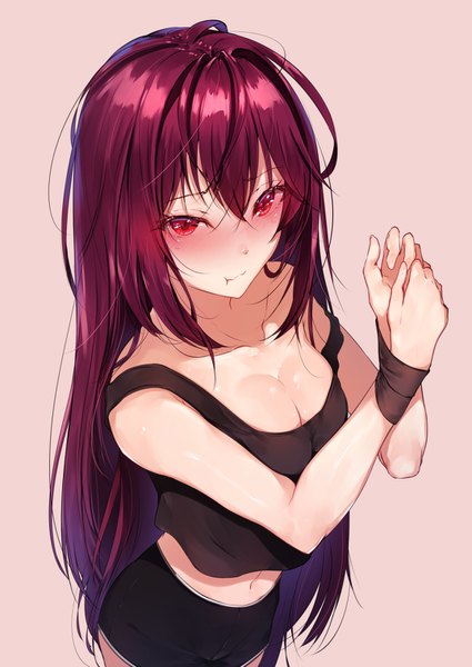 Anime picture 1075x1518 with fate (series) fate/grand order scathach (fate) (all) scathach (fate) hplay (kyoshinou) single long hair tall image blush fringe breasts light erotic simple background hair between eyes red eyes standing bare shoulders cleavage purple hair from above