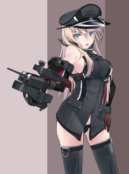 Anime picture 800x1079 with kantai collection bismarck battleship fujibejifu (simatoshi) single tall image fringe breasts blue eyes light erotic blonde hair simple background large breasts bare shoulders hand on hip mecha musume girl thighhighs gloves underwear panties