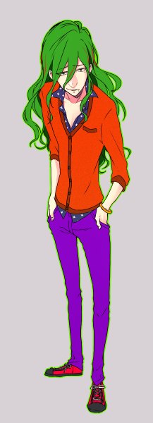 Anime picture 434x1200 with yowamushi pedal makishima yuusuke kuwa ayase single long hair tall image fringe simple background hair between eyes standing full body green hair from above grey background mole mole under eye wavy hair partially open clothes hands in pockets boy