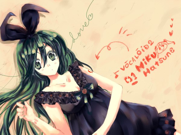 Anime picture 1280x960 with vocaloid hatsune miku orimoto asami green eyes lying green hair girl dress