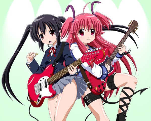 Anime picture 1613x1300 with k-on! angel beats! kyoto animation key (studio) nakano azusa yui (angel beats!) imai kazunari black hair multiple girls brown eyes pink hair ahoge pink eyes two side up girl 2 girls serafuku musical instrument guitar