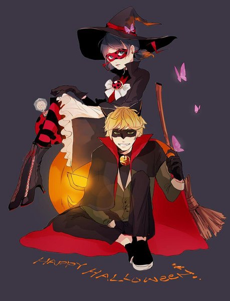 Anime picture 783x1024 with miraculous ladybug marinette cheng adrien agreste ladybug (character) chat noir tall image short hair blonde hair simple background sitting twintails green eyes animal ears head tilt alternate costume crossed legs low twintails glowing fake animal ears halloween