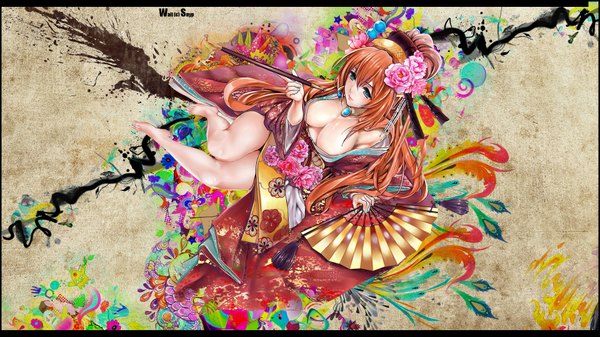 Anime picture 1920x1080 with vocaloid megurine luka snyp (r0pyns) maruyama single long hair highres breasts blue eyes light erotic wide image large breasts japanese clothes barefoot hair flower orange hair legs abstract geisha hair ornament