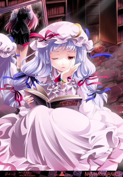Anime picture 1739x2500 with touhou patchouli knowledge koakuma namamo nanase long hair tall image highres red eyes multiple girls white hair indoors one eye closed wink reflection girl dress ribbon (ribbons) 2 girls book (books) bonnet