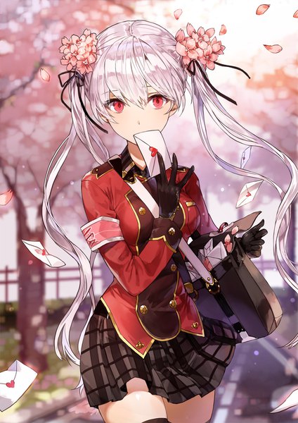 Anime picture 800x1132 with original kim eb single long hair tall image looking at viewer fringe hair between eyes red eyes twintails silver hair outdoors long sleeves hair flower arm up wind blurry depth of field zettai ryouiki cherry blossoms