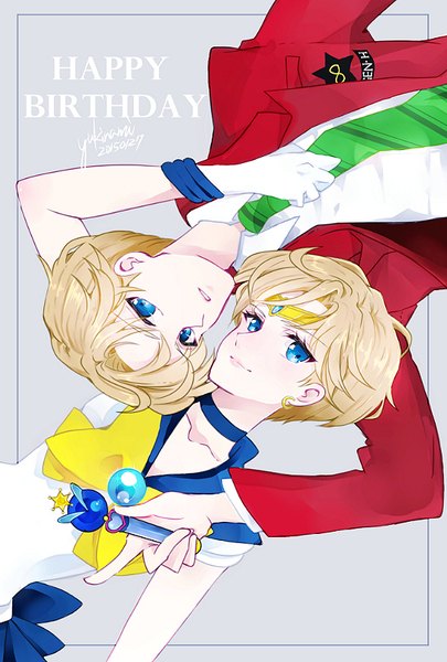 Anime picture 545x807 with bishoujo senshi sailor moon toei animation tenou haruka sailor uranus yukinami (paru26i) tall image looking at viewer short hair blue eyes blonde hair simple background smile signed grey background dated happy birthday dual persona magical girl girl gloves