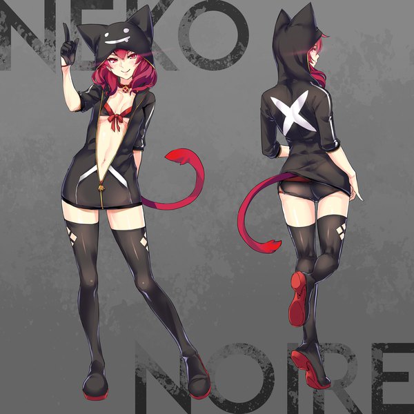 Anime picture 1600x1600 with original robot cat looking at viewer breasts light erotic smile standing pink hair full body ass red hair tail animal tail pink eyes from behind grey background glowing standing on one leg glowing eye (eyes) dual persona
