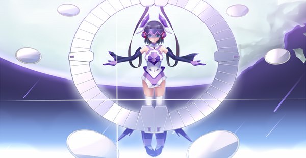 Anime picture 1200x621 with senki zesshou symphogear satelight eto single looking at viewer short hair blue eyes black hair wide image spread arms girl gloves hair ornament elbow gloves bodysuit