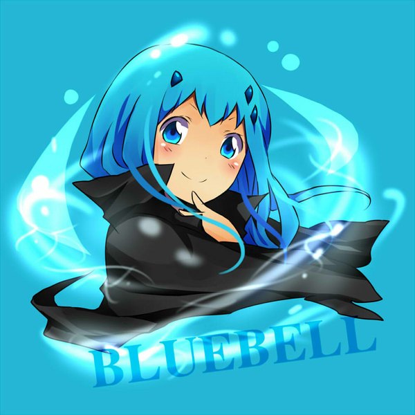Anime picture 1000x1000 with katekyou hitman reborn bluebell matsurinnu single long hair looking at viewer blush blue eyes simple background blue hair light smile inscription blue background girl cloak