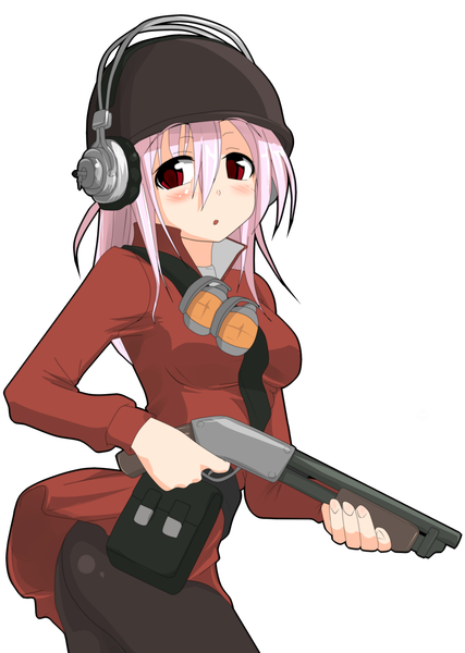 Anime picture 1137x1599 with team fortress 2 nitroplus super sonico the soldier single long hair tall image red eyes pink hair transparent background the soldier (cosplay) girl weapon headphones gun cap shotgun