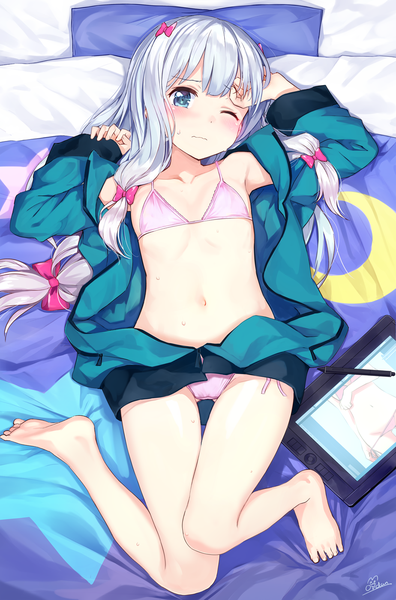 Anime picture 924x1400 with eromanga sensei a-1 pictures izumi sagiri orda single long hair tall image looking at viewer blush fringe blue eyes light erotic silver hair full body lying one eye closed barefoot arm up open clothes open jacket
