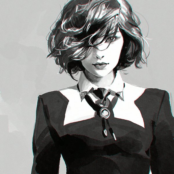 Anime picture 900x900 with original ilya kuvshinov single looking at viewer fringe short hair lips hair over one eye grey background monochrome portrait revision girl