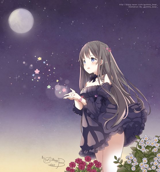 Anime picture 1500x1617 with original jellybear single long hair tall image blush fringe open mouth blue eyes standing bare shoulders signed outdoors hair flower wind grey hair inscription night night sky thighs