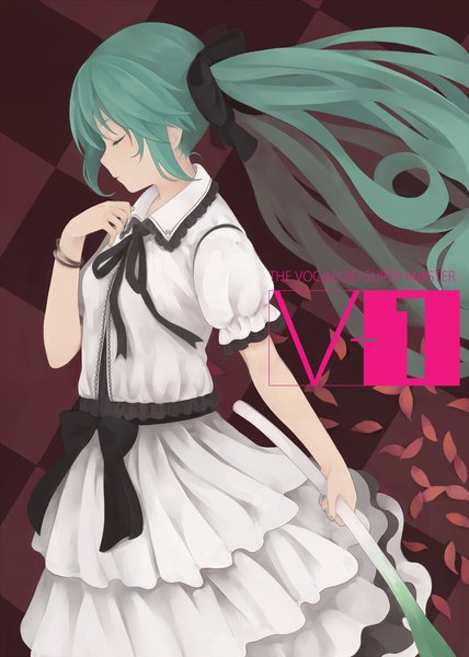 イラスト 1200x1680 と ボーカロイド 初音ミク nnyu ソロ 長髪 長身像 ツインテール eyes closed green hair checkered background 女の子 ドレス ちょう結び ヘア蝶結び 花弁 葱