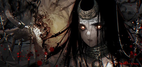 Anime picture 1024x483 with suicide squad enchantress (suicide squad) june moone kawacy single long hair looking at viewer black hair simple background wide image signed upper body parted lips floating hair outstretched arm glowing smoke glowing eye (eyes) witch blood stains