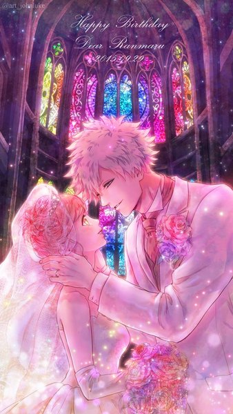 Anime picture 640x1136 with uta no prince-sama a-1 pictures nanami haruka (uta no prince-sama) kurosaki ranmaru john luke tall image blush short hair smile standing bare shoulders yellow eyes pink hair head tilt profile grey hair grey eyes leaning leaning forward couple