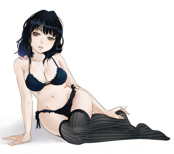 Anime picture 2000x1781 with original null (chronix) single fringe highres short hair breasts open mouth light erotic black hair simple background large breasts white background looking away fingernails arm support grey eyes on side long fingernails girl