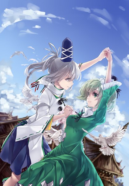 Anime picture 900x1287 with touhou mononobe no futo soga no tojiko hug (yourhug) tall image short hair blue eyes smile multiple girls green eyes sky cloud (clouds) ponytail traditional clothes profile green hair grey hair holding hands shoujo ai girl