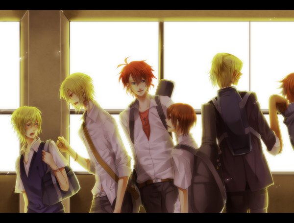 Anime picture 1350x1026 with girivu (pseudo live) shimatani blush short hair blue eyes blonde hair red eyes brown hair red hair group boy uniform school uniform shirt vest school bag