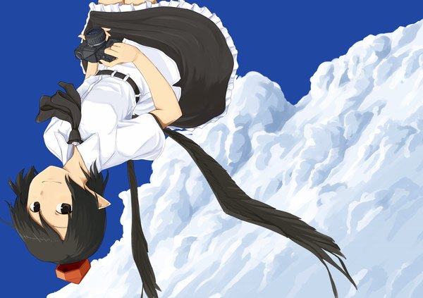 Anime picture 1002x708 with touhou shameimaru aya single looking at viewer short hair black hair sky cloud (clouds) pointy ears black eyes upside down girl skirt hat shirt wings camera