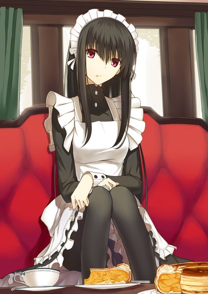 Anime picture 680x960 with original kauto single long hair tall image black hair red eyes sitting maid girl dress uniform pantyhose headdress sweets maid headdress couch cake