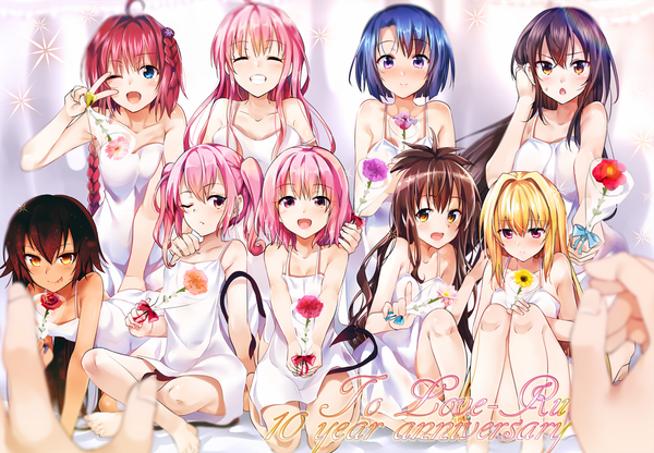 Anime picture 1108x769 with toloveru toloveru darkness xebec konjiki no yami momo velia deviluke lala satalin deviluke yuuki mikan kotegawa yui sairenji haruna nana asta deviluke kurosaki mea master nemesis ryouma (galley) long hair looking at viewer fringe short hair breasts open mouth blue eyes