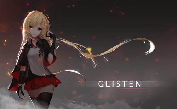 Anime picture 3508x2158 with original storia1862 single long hair looking at viewer fringe highres blonde hair smile wide image absurdres cloud (clouds) ahoge very long hair parted lips pleated skirt arm up wind inscription grey background