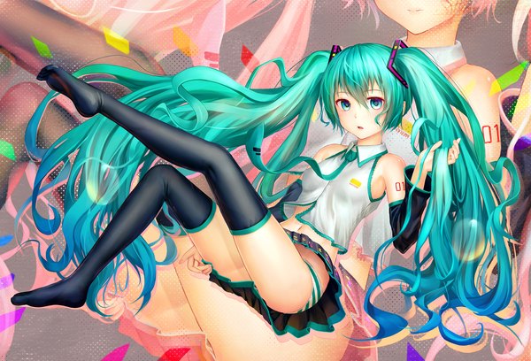 Anime picture 2000x1360 with vocaloid hatsune miku aki99 single looking at viewer highres open mouth light erotic twintails very long hair aqua eyes aqua hair legs girl thighhighs skirt hair ornament underwear panties black thighhighs
