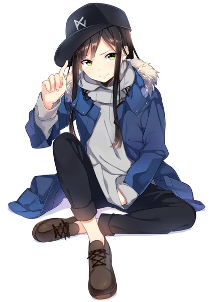 Anime picture 1200x1696 with original sama (artist) single long hair tall image looking at viewer black hair simple background white background sitting green eyes girl shoes jacket flat cap