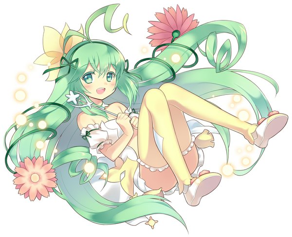 Anime picture 1000x812 with puzzle & dragons alraune (p&d) kaki s single looking at viewer blush open mouth simple background white background bare shoulders green eyes very long hair green hair girl thighhighs dress flower (flowers)