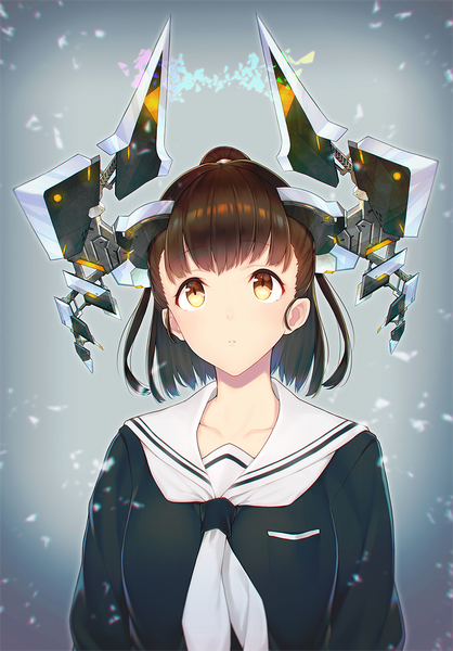 Anime picture 1000x1435 with original uyu (keyakinoki) single tall image blush fringe short hair simple background brown hair brown eyes upper body ponytail long sleeves horn (horns) grey background looking up mechanical girl uniform serafuku