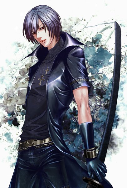 Anime picture 1265x1863 with togainu no chi nitro+chiral shiki (tnc) single tall image looking at viewer short hair red eyes standing blue hair boy gloves sword elbow gloves bracelet belt katana pendant pants cloak