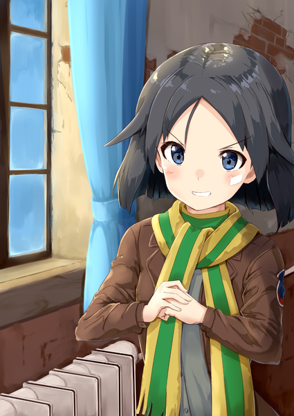 Anime picture 1000x1412 with strike witches kanno naoe ame. single tall image looking at viewer blush short hair blue eyes black hair smile indoors grin hands clasped brick wall crack >:) girl window scarf
