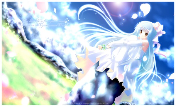 Anime picture 2000x1215 with original myhilary single long hair blush highres smile wide image brown eyes sky cloud (clouds) white hair sunlight framed girl dress flower (flowers) hat detached sleeves petals