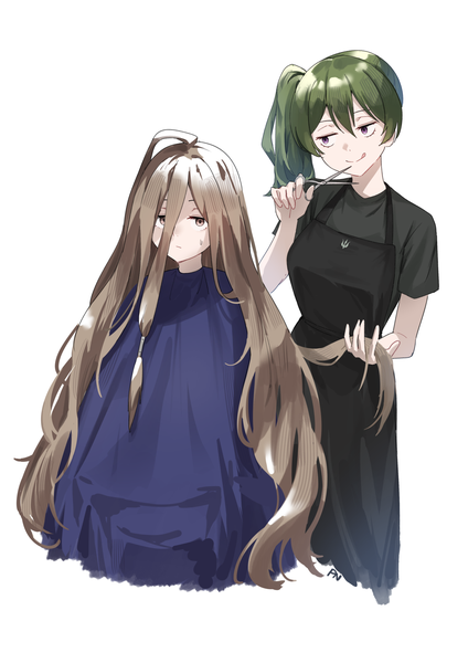 Anime picture 1200x1697 with sousou no frieren ubel (sousou no frieren) sense (sousou no frieren) profnote long hair tall image fringe simple background hair between eyes brown hair white background purple eyes multiple girls brown eyes very long hair green hair side ponytail :q hairdressing cutting hair