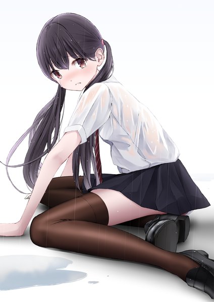 Anime picture 827x1169 with original chikuwa (odennabe) single long hair tall image looking at viewer blush black hair brown eyes tears rain wet clothes girl thighhighs skirt black thighhighs shirt