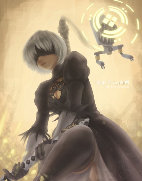 Anime picture 1022x1300 with nier nier:automata yorha no. 2 type b pod (nier:automata) skyde kei single tall image short hair breasts holding signed cleavage bent knee (knees) white hair parted lips mole from below leaning leaning forward puffy sleeves